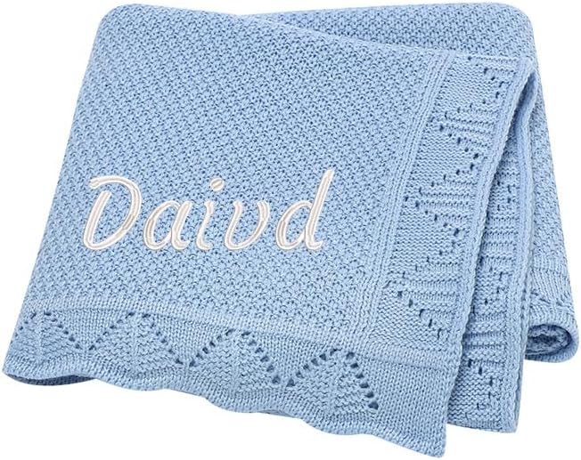 Embroidered Baby Blanket, Personalized Baby Blanket, Cozy Soft Cotton Knit Custom Name Blanket, Baby Gift, Gift for Newborns (Sky Blue) ZoikOm