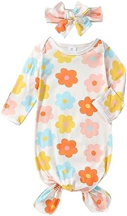 ttmmxamia Детское платье для сна 0-3 месяцев, двухсекционное мягкое платье для сна для новорожденных, ночная рубашка с цветком коровьей клубники и повязкой на голову Ttmmxamia