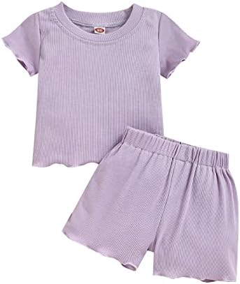 Kupretty/летняя одежда для маленьких девочек, вязаная футболка в рубчик с рюшами и короткими рукавами, топ + шорты, милый комплект одежды Kupretty