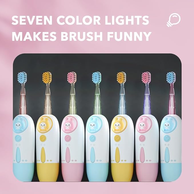 Kid's Electric Toothbrush with 7 Colored Lights & 2 Brush Heads - Fun Colorful Space Capsule with Cute Rabbit Astronaut. Enjoy Clean Teeth with Move-on Reminder (Lovely Pink) Tachibiu