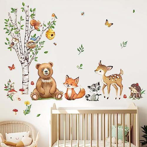 Декальмиль лесные животные березовые наклейки на стены медведь лиса олень наклейки на стену детская детская спальня гостиная декор стен Decalmile