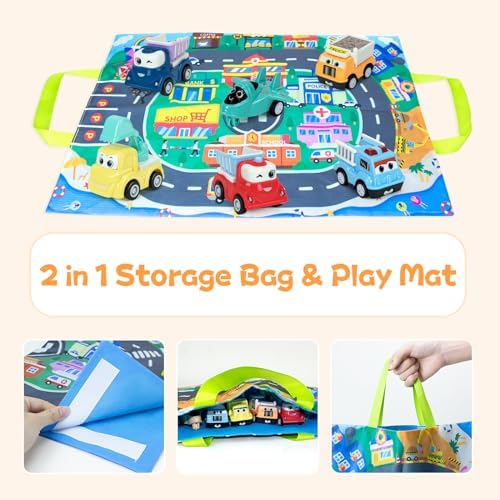 Baby Car Toys for 1 2 3 Year Old Boy Birthday Gift, Toddler Toys Pull-Back Trucks & Planes & Cars with Playmat | Storage Bag for Boys Girls 1 2-3 Indoor Outdoor Travel Play 12 Pack Ynanimery