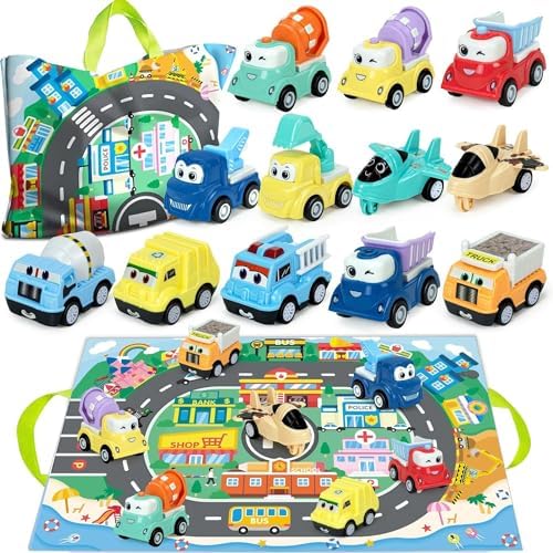 Baby Car Toys for 1 2 3 Year Old Boy Birthday Gift, Toddler Toys Pull-Back Trucks & Planes & Cars with Playmat | Storage Bag for Boys Girls 1 2-3 Indoor Outdoor Travel Play 12 Pack Ynanimery