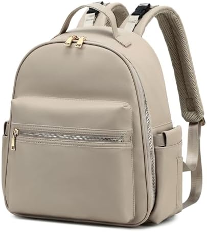 Medium Diaper Bag Backpack with Storller Clips, Faux Leather Cute Small Diaper Backpack with Anti-Theft Pocket, Beige PAOIXEEL