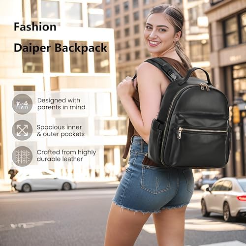 Medium Diaper Bag Backpack with Storller Clips, Faux Leather Cute Small Diaper Backpack with Anti-Theft Pocket, Beige PAOIXEEL