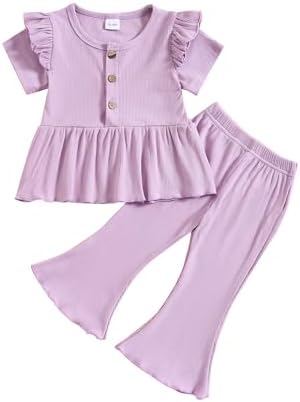 fhutpw/2 шт., одежда для маленьких девочек, летние наряды, футболка с короткими рукавами в рубчик и рюшами, комплекты топов и расклешенных леггинсов Fhutpw
