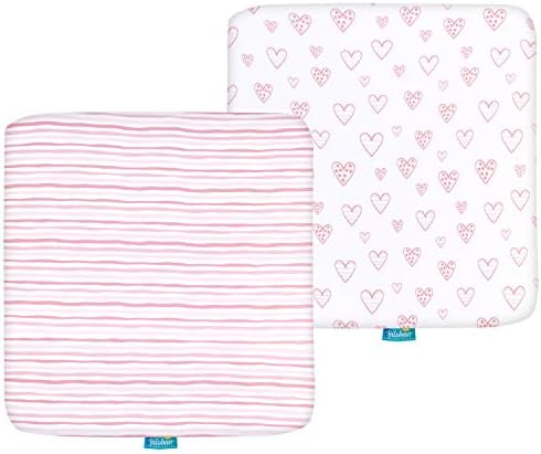 Square Playard/Playpen Fitted Sheets, Perfect for 36 X 36 Portable Playard, 2 Pack, 100% Jersey Knit Cotton Fitted Sheets, Mild Pink Stripes and Hearts Print for Baby Girls Biloban