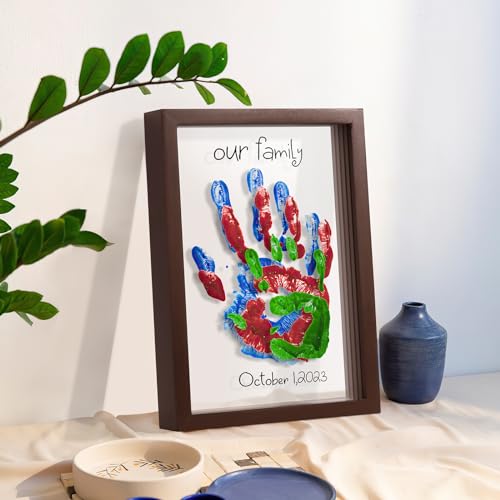 Family Handprint Keepsake Frame Kit, DIY Handprint Kit Wooden Frame for Babies 3 Months & Up, 6 Colors Non-Toxic Paint Included, Baby Shower Gifts for New and Expecting Parents, Home Decor (Brown) IvyWind
