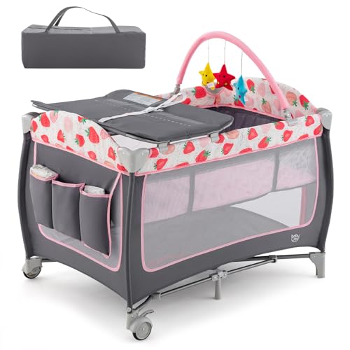 BABY JOY 4 в 1 Pack and Play, портативный детский манеж с люлькой, боковая дверца на молнии, пеленальный столик, детский сад для путешествий в помещении и на открытом воздухе с игрушечной перекладиной, запираемые колеса, сумка для переноски BABY JOY