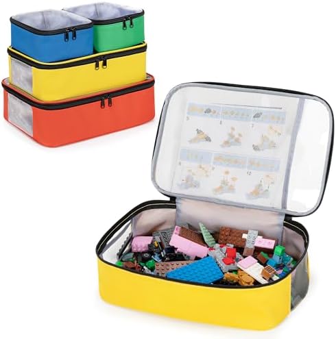 Rexmica 4-piece Toy Storage Organizer Bag Compatible with Lego Bricks, Travel Organizer Case for Building Blocks, Car Toy, Dolls, Crafts, Magnetic Tiles, Blocks Toy Storage Bag with Visible Top Rexmica