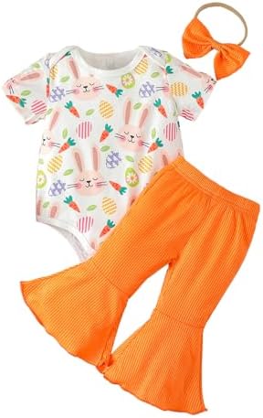 Bonangber, пасхальный наряд для новорожденных девочек, комбинезон с короткими рукавами и принтом кролика, боди с помпоном, комплект с повязкой на голову Bonangber