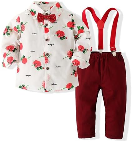 RSRZRCJ Одежда для маленьких мальчиков, костюм на день Святого Валентина, рубашки с цветочным принтом и галстуком-бабочкой + брюки на подтяжках, одежда джентльмена RSRZRCJ
