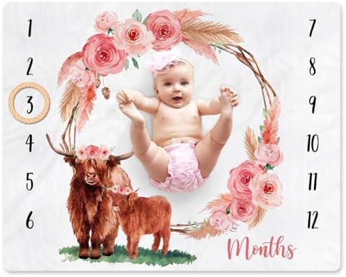 Gicoherero Highland Cow Baby Monthly Milestone Blanket Floral Scotland Photo Prop Blanket with New to The Herd Cattle Nursery Stuff Gift Ideas for Girl Newborn Nursery Décor Baby Gift 40" X 50 Gicoherero