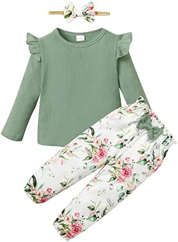 YALLET, 3 шт., одежда для маленьких девочек, однотонный топ с рюшами и длинными рукавами + брюки с цветочным принтом + повязка на голову с цветочным принтом YALLET