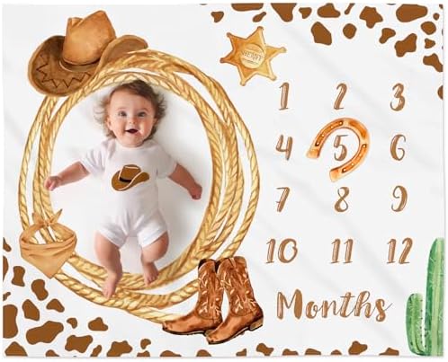 Gicoherero Cowboy Baby Monthly Milestone Blanket with Felt Horseshoe Frame Western Theme Baby Month Photo Props Cow Print Baby Photo Blanket My First Rodeo Birthday Party Supplies Gicoherero