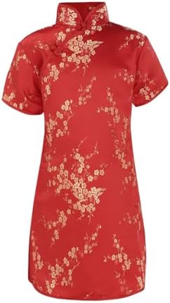 Китайское новогоднее платье для девочек, платье-пальто со стойкой с короткими рукавами для маленьких девочек, платье Cheongsam с цветочным принтом Qwent