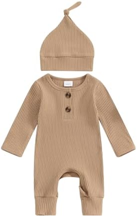 Одежда для новорожденных мальчиков и девочек, комбинезон в рубчик, однотонное вязаное боди с длинными рукавами, комбинезон, шляпа, домашний наряд ICECTR
