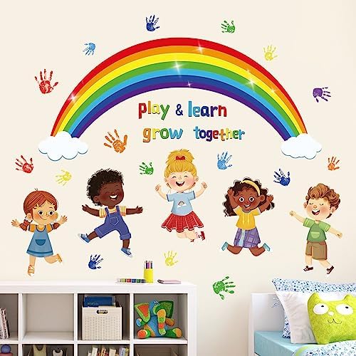 wondever Reading Corner Rainbow Wall Decals Kids Inspirational Quotes Handprint Peel and Stick Wall Art Stickers for School Classroom Kids Room Wondever