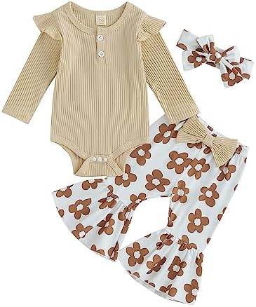 Fhutpw, одежда для маленьких девочек, осенние наряды для новорожденных 3, 6, 12, 18 месяцев, вязаный длинный комбинезон с рюшами, комплекты топов и брюк-клеш Fhutpw