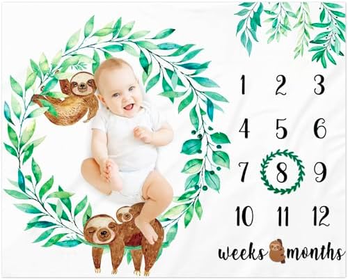 Baby Sloth Monthly Milestone Blanket Gender Neutral Greenery Watercolor Jungle Design Perfect Baby Blanket for Boys and Girls Newborn Baby Gift Idea Photography Backdrop and Soft Fleece Blanket Gicoherero