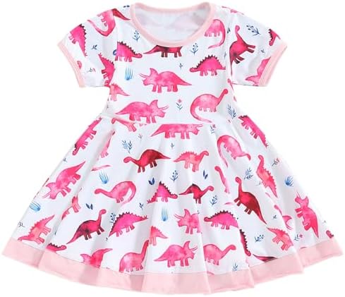Canis Kids Розовое платье с динозавром для маленьких девочек, плиссированное платье с короткими рукавами и животным принтом, извилистое платье с динозавром Canis