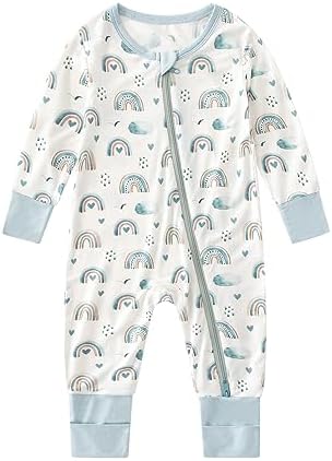omzer Пижамы без ног для маленьких мальчиков и девочек — бамбуковые пижамы с цветочным принтом и манжетами варежки, двусторонняя молния с длинными рукавами для сна и игр, 0–18 месяцев Omzer
