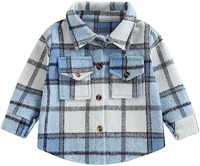 Toddler Baby Boys Girls Flannel Jacket Long Sleeve Lapel Button Down Plaid Shirts Jacket Coats Shacket Cardigan Top SAYOO