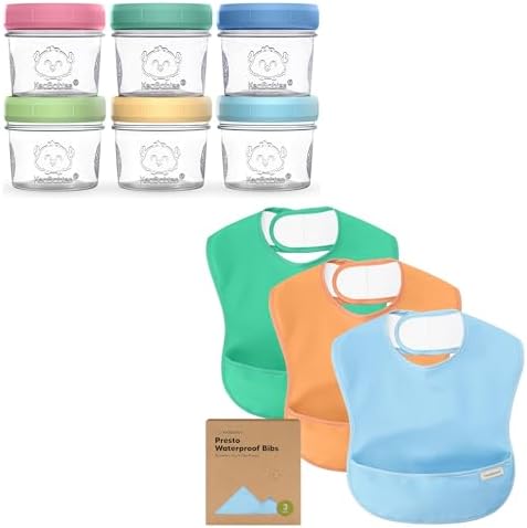 KeaBabies 6-Pack Glass Baby Food Containers & 3-Pack Waterproof Baby Bibs for Eating - 4 oz Leak-Proof, Microwavable, Glass Baby Food Jars - Lightweight Toddler Bibs, Mess Proof Baby Bib, Waterproof KeaBabies