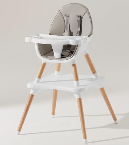 Трансформируемый стульчик для кормления 5-в-1, стульчики для кормления для младенцев и детей ясельного возраста/набор стола и стульев, деревянный стульчик для кормления с 5-точечными ремнями безопасности, регулируемый и съемный поднос, легко чистится, кремовый цвет Mallify