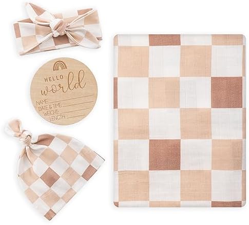 Muslin Swaddle Blanket with Hat and Headband Bow, Checkered Pattern Swaddle Set for Baby Boys ＆ Girls, Unisex Newborn Soft Receiving Swaddle Wrap, 47x47 inches BabyWhale