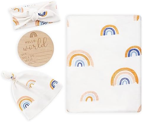 Muslin Swaddle Blanket with Hat and Headband Bow, Animals Print Swaddle Set for Baby Boys ＆ Girls, Newborn Silky Soft Receiving Blanket Wrap, 47x47 inches BabyWhale