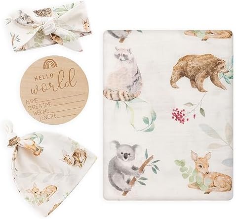 Muslin Swaddle Blanket with Hat and Headband Bow, Animals Print Swaddle Set for Baby Boys ＆ Girls, Newborn Silky Soft Receiving Blanket Wrap, 47x47 inches BabyWhale