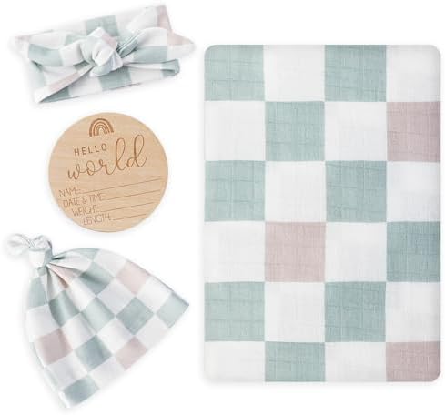 Muslin Swaddle Blanket with Hat and Headband Bow, Checkered Pattern Swaddle Set for Baby Boys ＆ Girls, Unisex Newborn Soft Receiving Swaddle Wrap, 47x47 inches BabyWhale