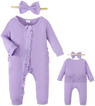 Mikrdoo Одежда для новорожденных девочек, осенне-зимняя одежда, цельный комбинезон на молнии с длинными рукавами и повязкой на голову для детей 0-18 месяцев Mikrdoo