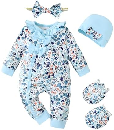Mikrdoo Одежда для новорожденных девочек, осенне-зимняя одежда, цельный комбинезон на молнии с длинными рукавами и повязкой на голову для детей 0-18 месяцев Mikrdoo