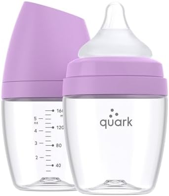 Мини-бутылочка BuubiBottle с медленным потоком для новорожденных от Quark — с антиколиковой соской RealFeel для имитации грудного вскармливания — Не содержит бисфенола А, ПВХ и токсинов — Бутылочка на 5 унций с крышкой, 2 упаковки — фиолетовый Quark