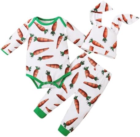 Whxqvui Infant Baby Boys Girls Easter Bunny Romper Outfit Cartoon Carrot Print Jumpsuit Hoodie Rabbit Bodysuit With Hat Whxqvui