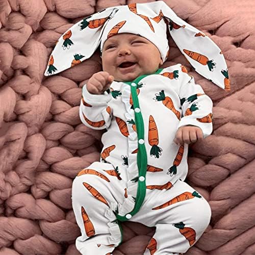 Whxqvui Infant Baby Boys Girls Easter Bunny Romper Outfit Cartoon Carrot Print Jumpsuit Hoodie Rabbit Bodysuit With Hat Whxqvui