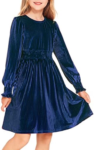 Arshiner Girls Long Sleeve Dress Velvet Crew Neck Midi Fall Vintage Plain Dress for Kids 4-13Y Arshiner