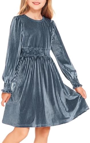 Arshiner Girls Long Sleeve Dress Velvet Crew Neck Midi Fall Vintage Plain Dress for Kids 4-13Y Arshiner