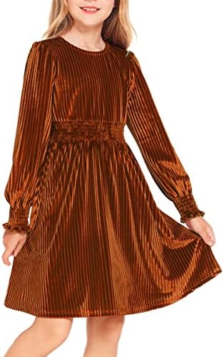 Arshiner Girls Long Sleeve Dress Velvet Crew Neck Midi Fall Vintage Plain Dress for Kids 4-13Y Arshiner