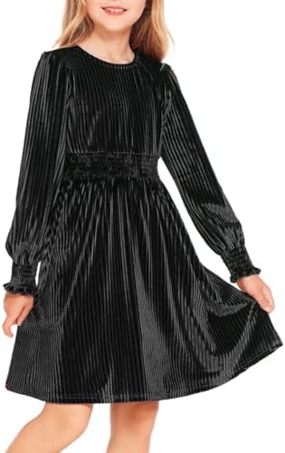 Arshiner Girls Long Sleeve Dress Velvet Crew Neck Midi Fall Vintage Plain Dress for Kids 4-13Y Arshiner