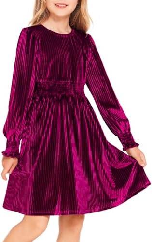 Arshiner Girls Long Sleeve Dress Velvet Crew Neck Midi Fall Vintage Plain Dress for Kids 4-13Y Arshiner