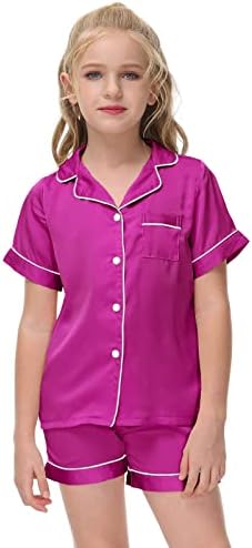 Veseacky атласный пижамный комплект унисекс для мальчиков и девочек, шелковые пижамы с короткими рукавами, комплект из 2 предметов, одежда для сна на пуговицах, детская одежда для сна (от 4 до 13 лет) Veseacky