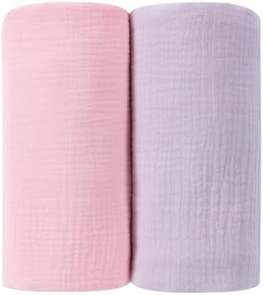 DaysU Muslin Baby Swaddle Blanket, Cotton Swaddling Blankets for Baby Boy and Girl, Nursery Skin-Friendly Baby Receiving Blanket for Newborns, Breathable Swaddle Wrap 2 Pack, 47”x47”-Pink+Lilac DaysU