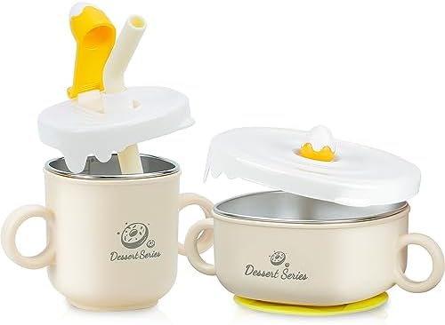 Присоски для малышей 1–3 лет с крышкой, детская чашка с ручками, набор детской посуды из нержавеющей стали, детская соломенная чашка с крышкой для яиц для обучающей чашки и миски для малышей (кремово-желтый) PHEENOWL