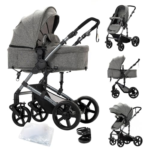 2 in 1 Baby Stroller with Bassinet Reversible Portable Standard Baby Stroller Convertible Pushchair Infant Buggy Baby Carriage Foldable High Landscape Pram for Toddler Newborn (2USV9-BG) Suttonbebe