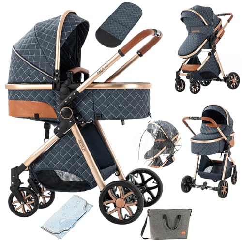 2 in 1 Baby Stroller with Bassinet Reversible Portable Standard Baby Stroller Convertible Pushchair Infant Buggy Baby Carriage Foldable High Landscape Pram for Toddler Newborn (2USV9-BG) Suttonbebe