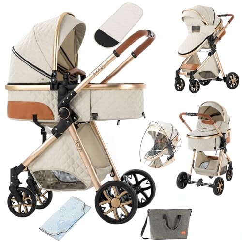 2 in 1 Baby Stroller with Bassinet Reversible Portable Standard Baby Stroller Convertible Pushchair Infant Buggy Baby Carriage Foldable High Landscape Pram for Toddler Newborn (2USV9-BG) Suttonbebe