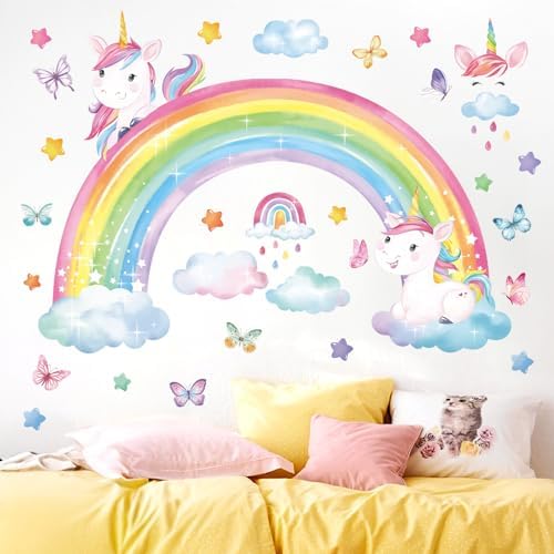 decalmile Rainbow Unicorn Wall Decals Butterfly Clouds Stars Wall Stickers Girls Bedroom Baby Nursery Kids Room Wall Decor Gifts for Kids Decalmile